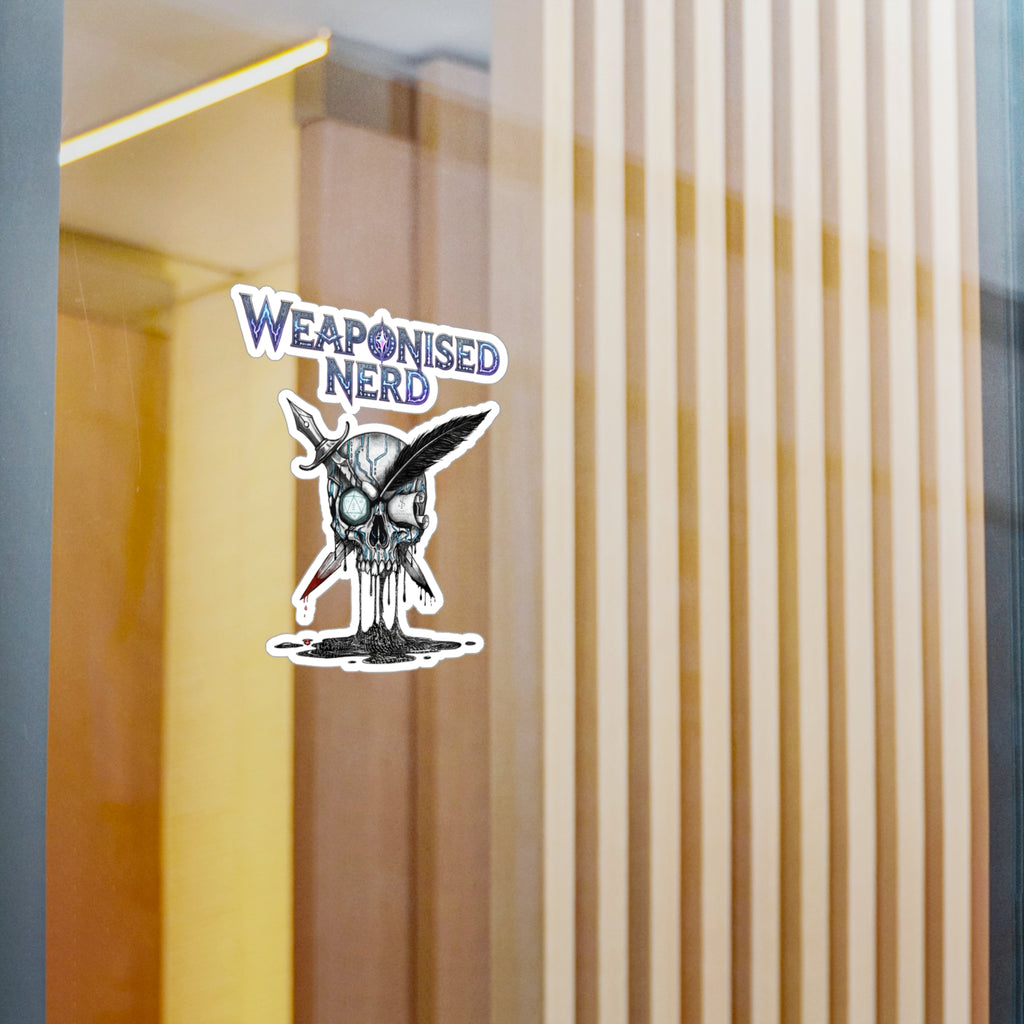 Weaponised Nerd Skull Sticker — Kiss-Cut Vinyl Decal (Skull, Quill & Sword)