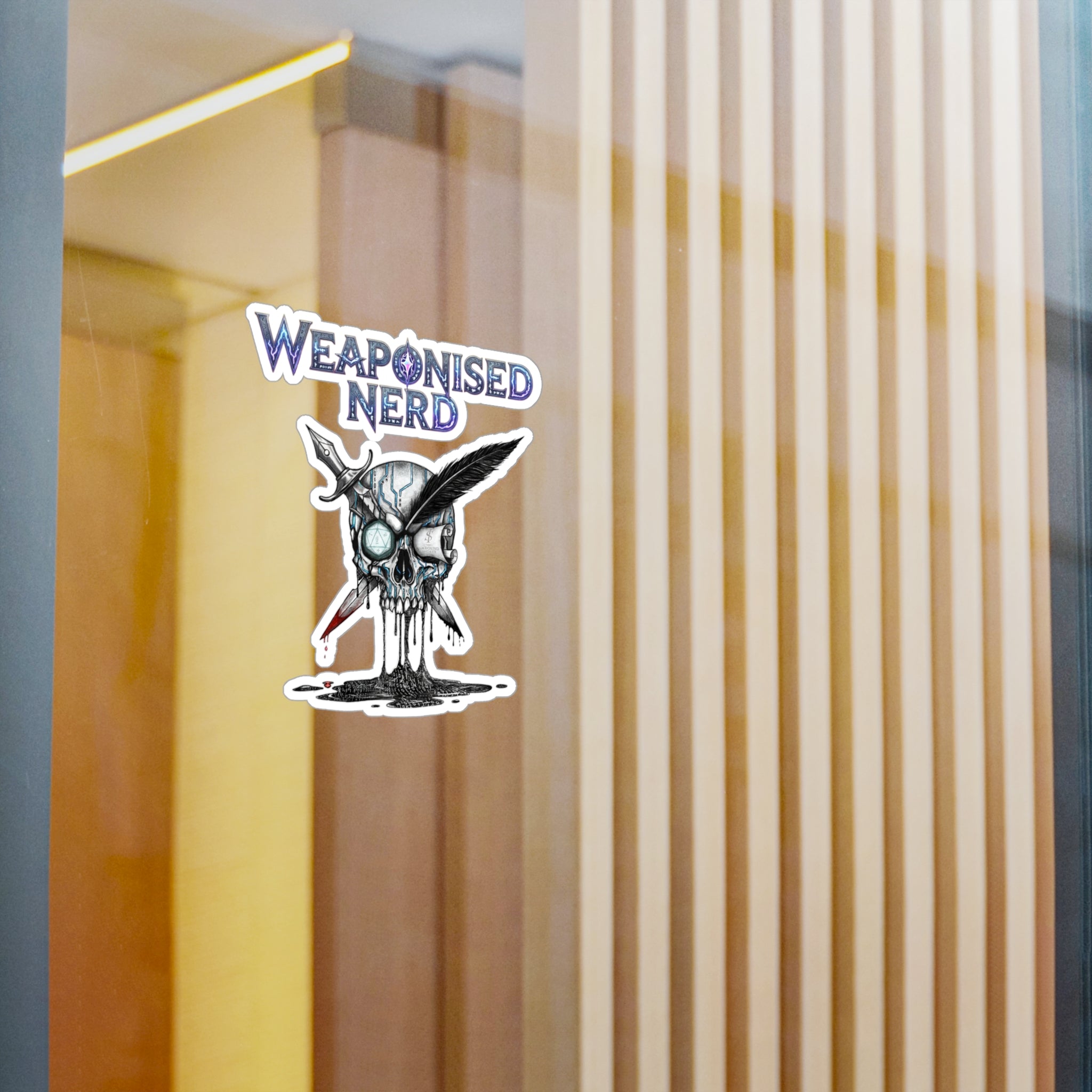 Weaponised Nerd Skull Sticker — Kiss-Cut Vinyl Decal (Skull, Quill & Sword)