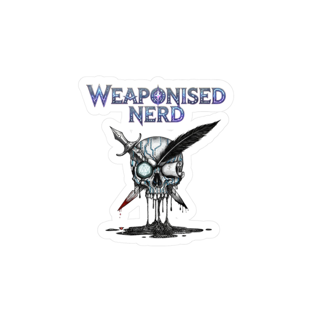 Weaponised Nerd Skull Sticker — Kiss-Cut Vinyl Decal (Skull, Quill & Sword)