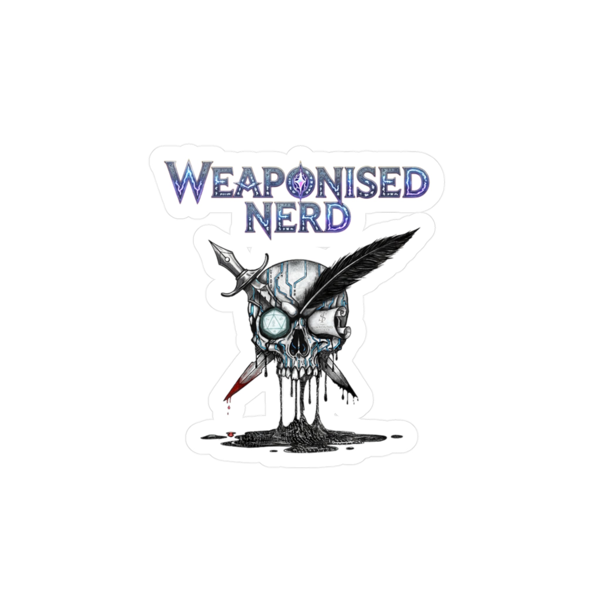 Weaponised Nerd Skull Sticker — Kiss-Cut Vinyl Decal (Skull, Quill & Sword)