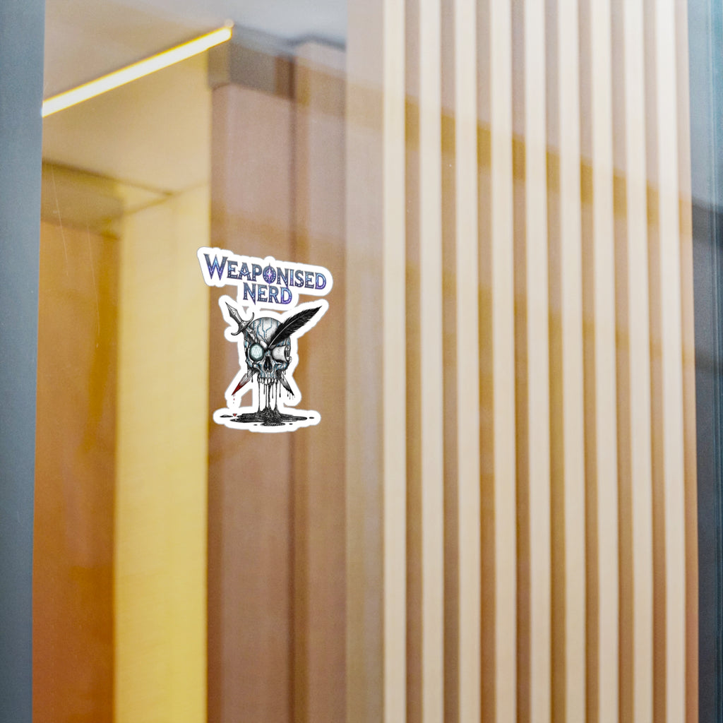 Weaponised Nerd Skull Sticker — Kiss-Cut Vinyl Decal (Skull, Quill & Sword)