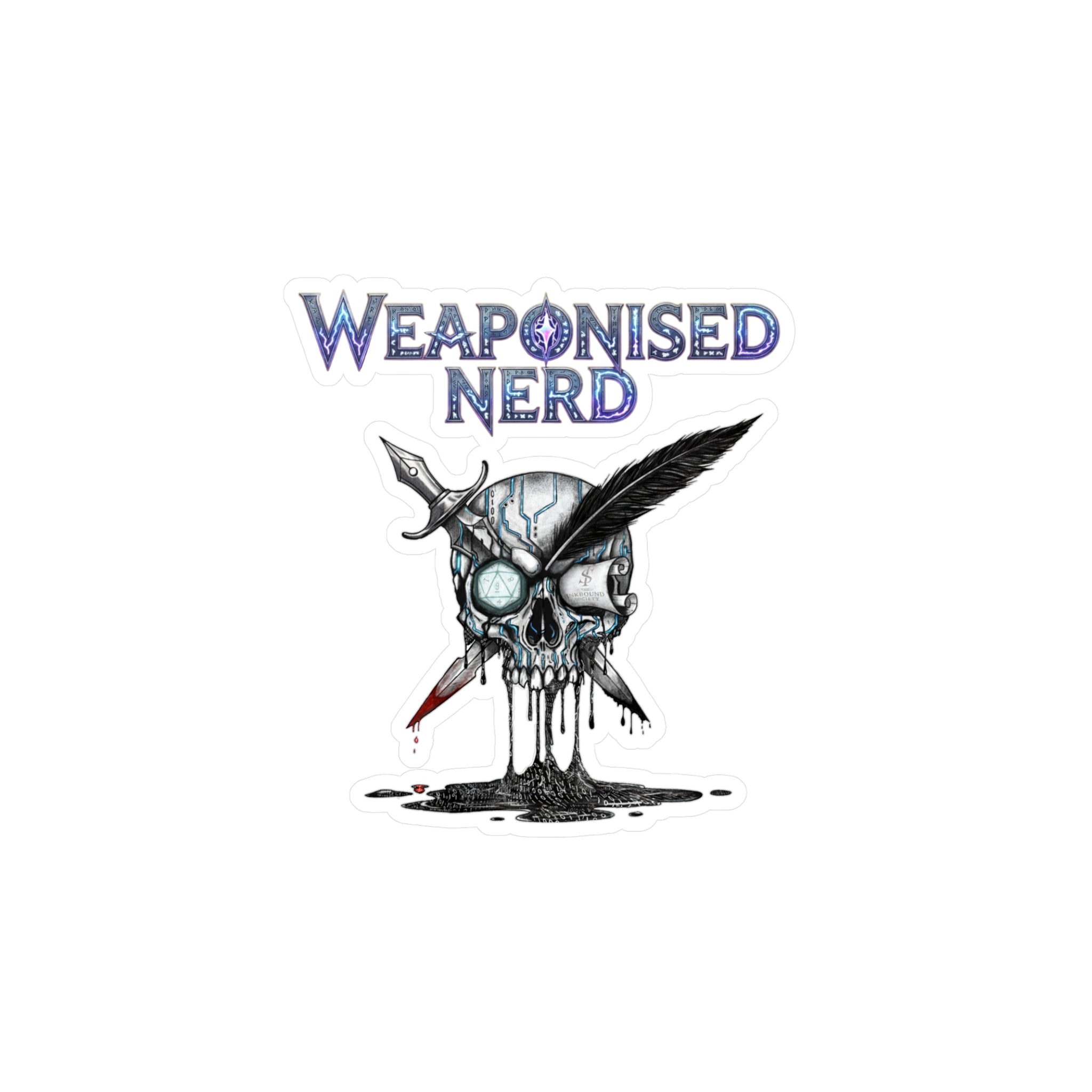 Weaponised Nerd Skull Sticker — Kiss-Cut Vinyl Decal (Skull, Quill & Sword)