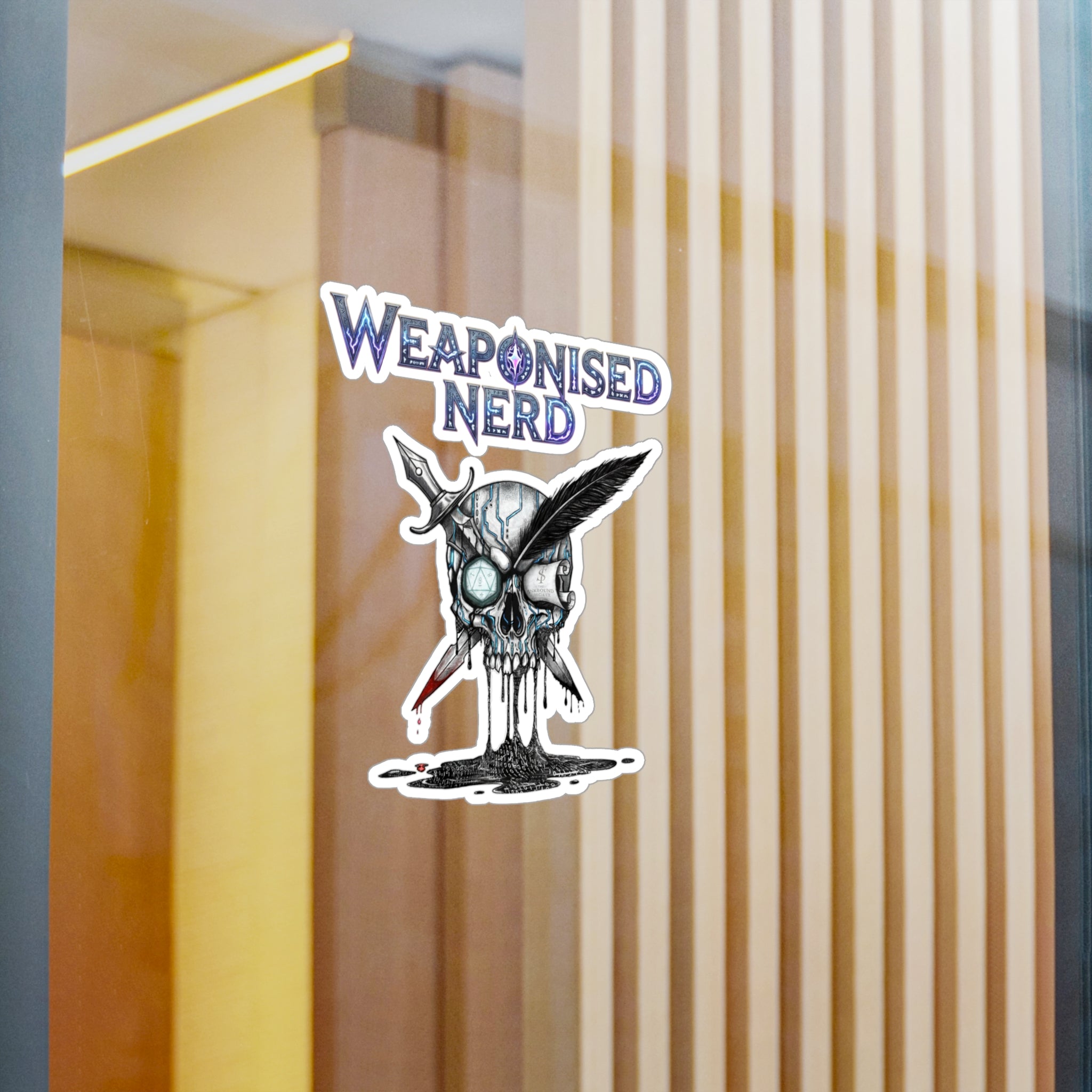 Weaponised Nerd Skull Sticker — Kiss-Cut Vinyl Decal (Skull, Quill & Sword)