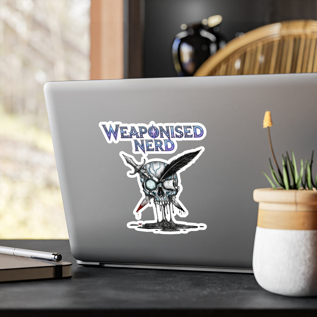 Weaponised Nerd Skull Sticker — Kiss-Cut Vinyl Decal (Skull, Quill & Sword)