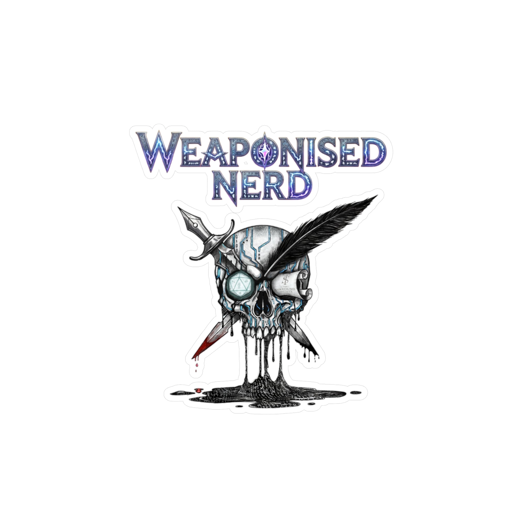Weaponised Nerd Skull Sticker — Kiss-Cut Vinyl Decal (Skull, Quill & Sword)