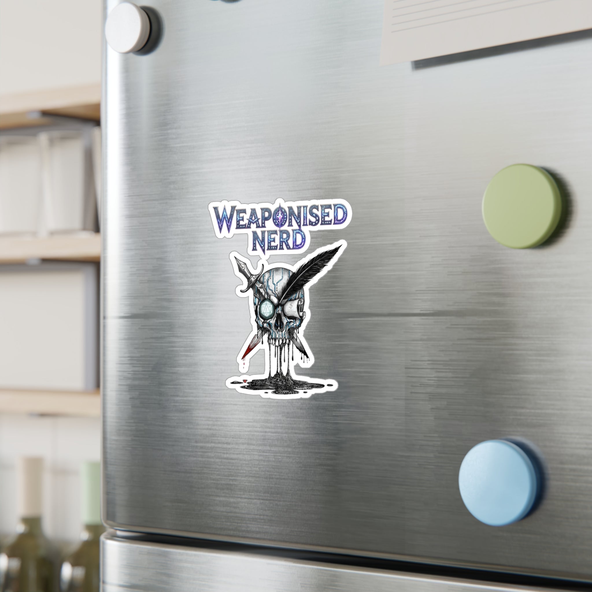Weaponised Nerd Skull Sticker — Kiss-Cut Vinyl Decal (Skull, Quill & Sword)