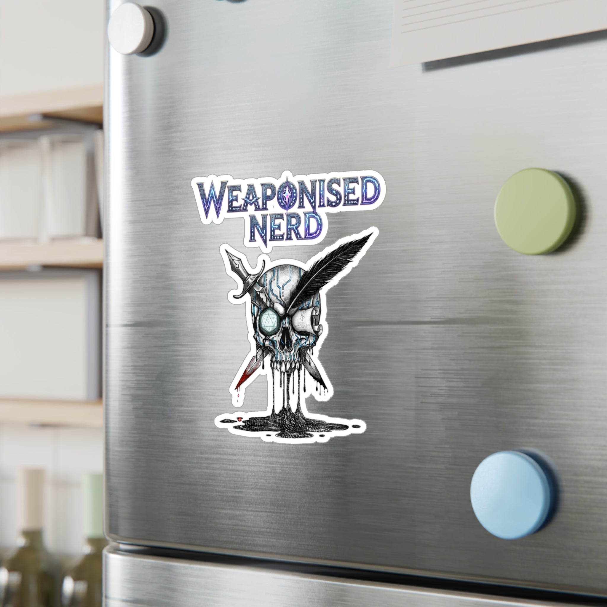 Weaponised Nerd Skull Sticker — Kiss-Cut Vinyl Decal (Skull, Quill & Sword)