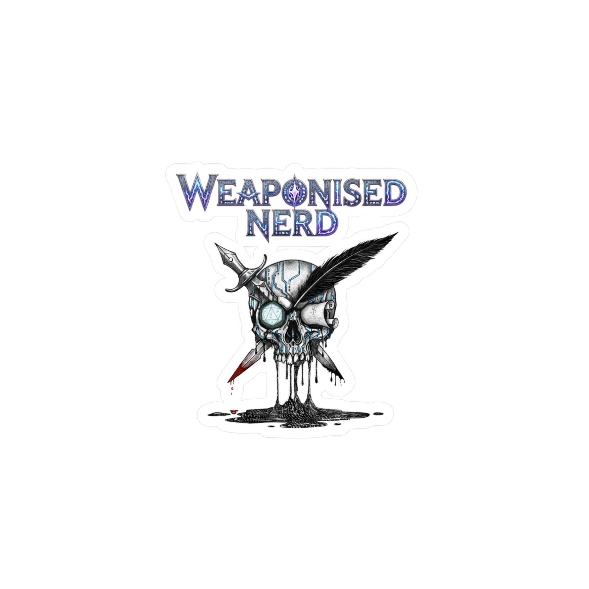 Weaponised Nerd Skull Sticker — Kiss-Cut Vinyl Decal (Skull, Quill & Sword)